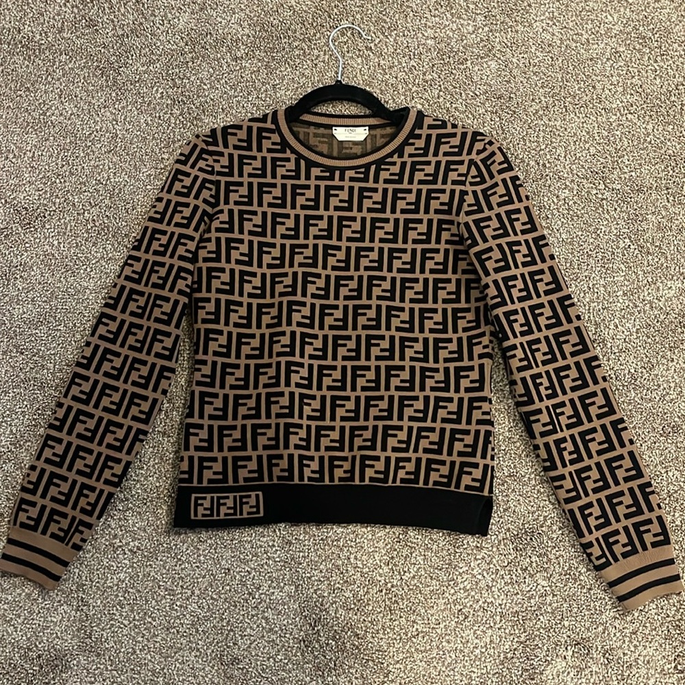 Fendi black brown zucca FF logo jumper knit sweater 42 - us 6